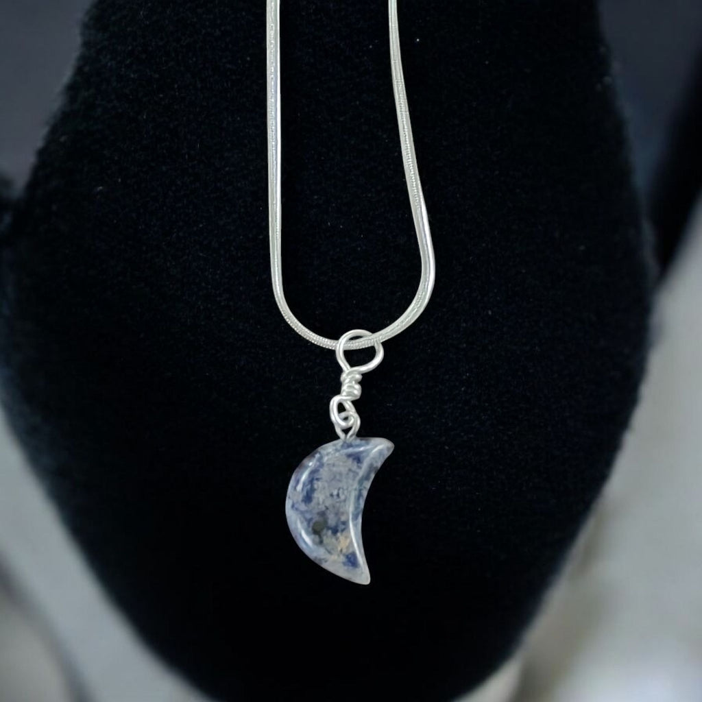 1.5mm Stainless steel silver necklace with Sodalite half moon pendant.