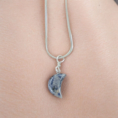 1.5mm Stainless steel silver necklace with Sodalite half moon pendant.