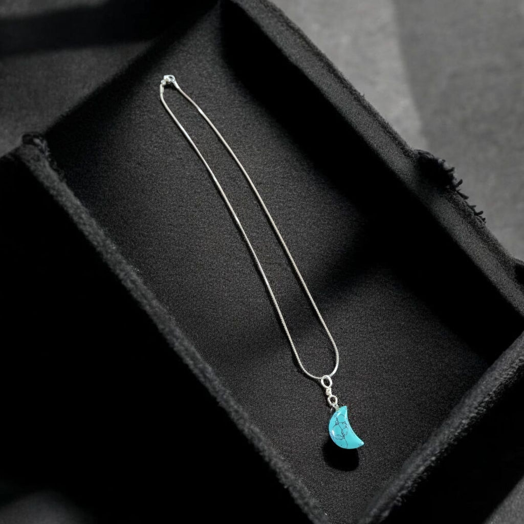 1mm stainless steel silver necklace with Turquoise half moon pendant
