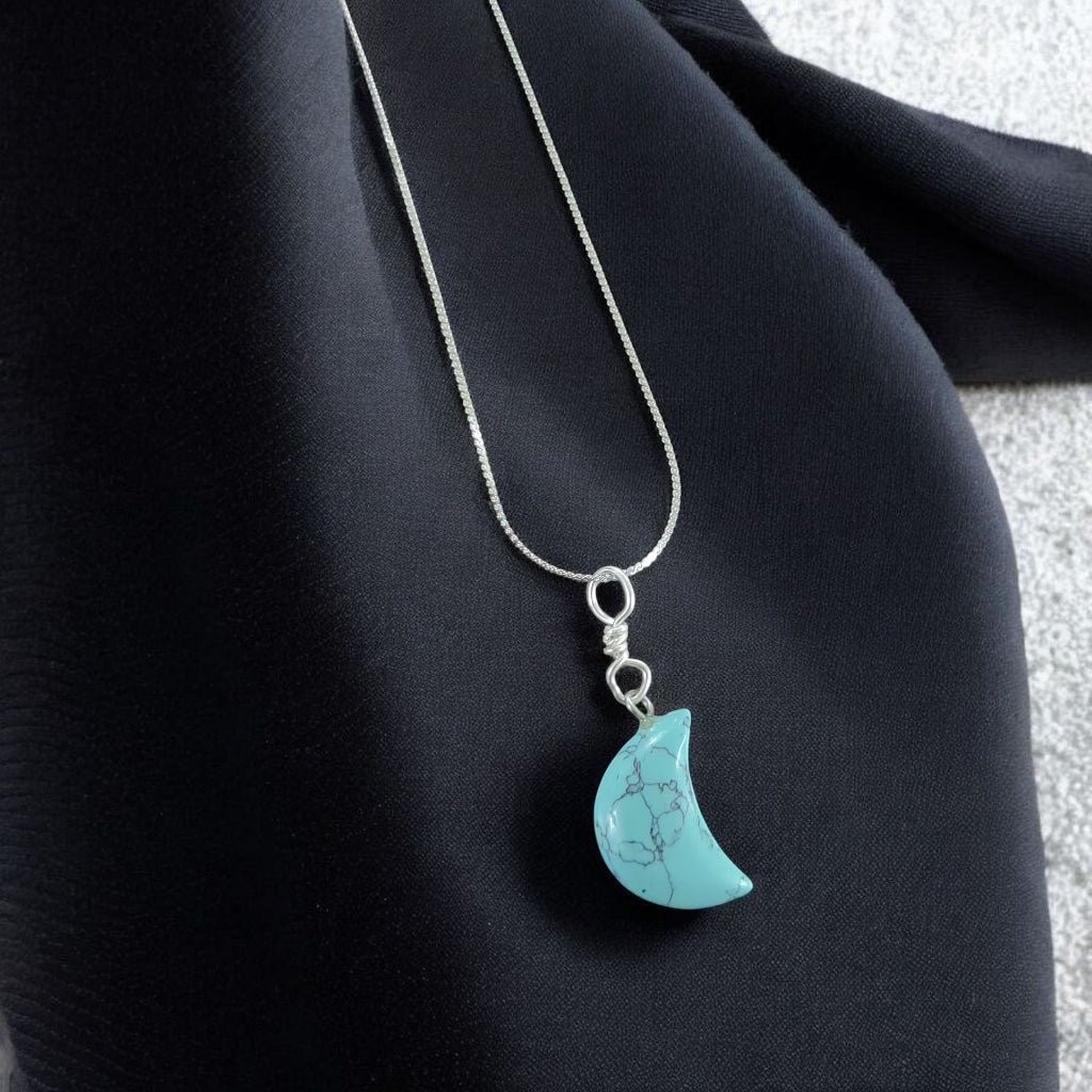1mm stainless steel silver necklace with Turquoise half moon pendant