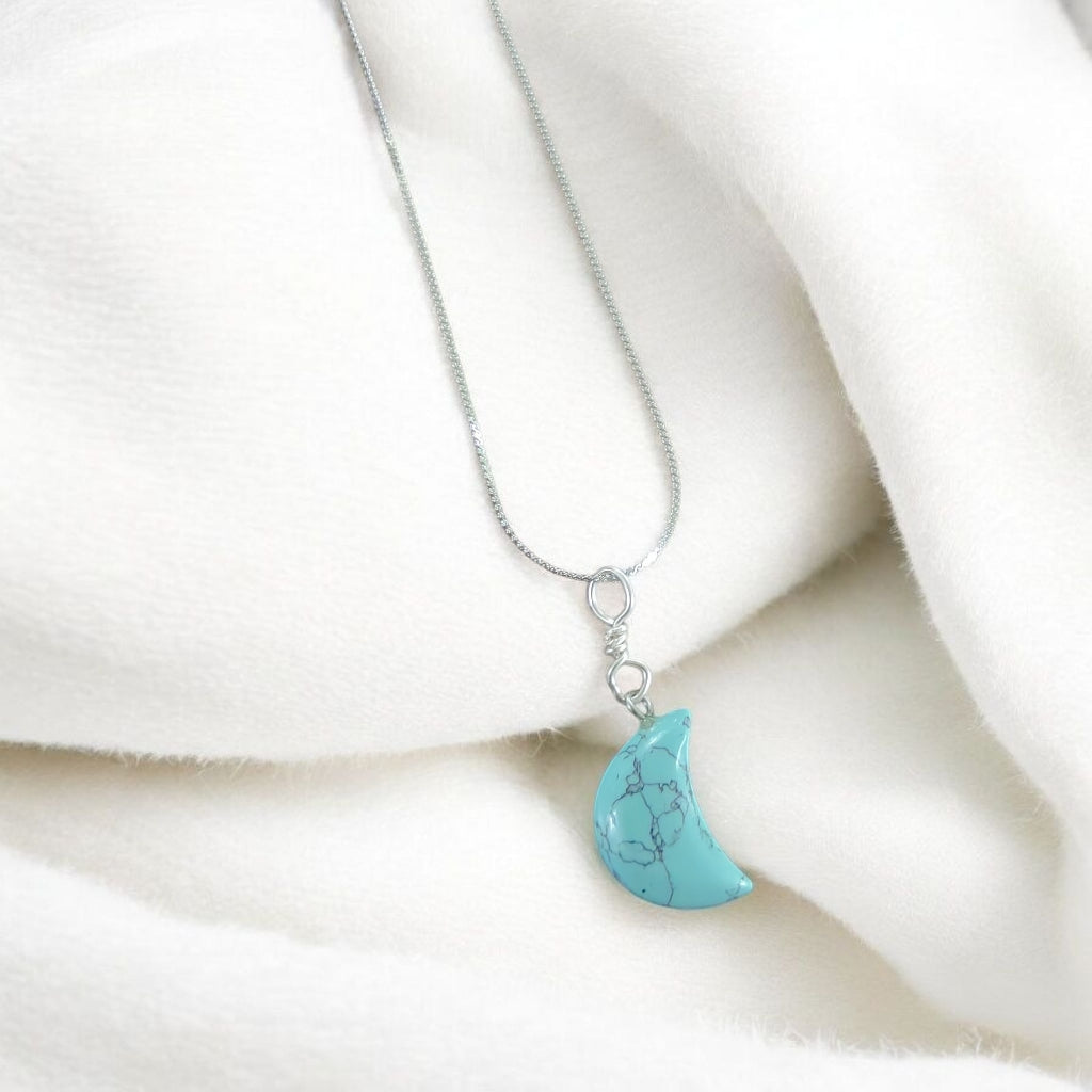 1mm stainless steel silver necklace with Turquoise half moon pendant