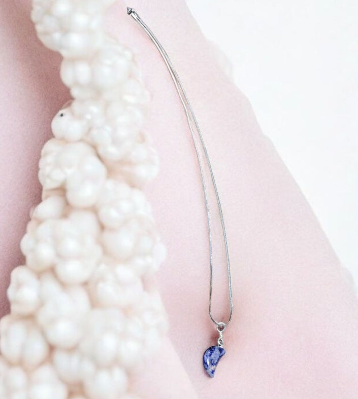 1.5mm Stainless steel silver necklace with Sodalite half moon pendant.
